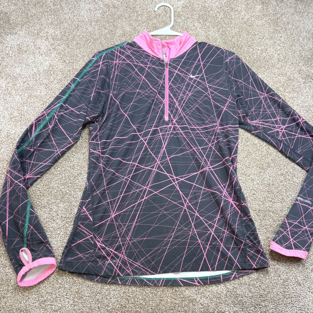 Nike Dri-FIT Womens Small Pink Grey Geometric Quarter Zip Running Top Thumbholes